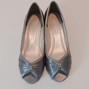 David's Bridal "Kelsey" Size 10 Silver Peep-Toe Wedge Heels